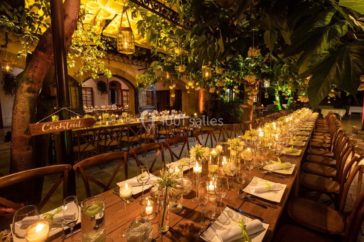 Location salle Gémenos (Bouches-du-Rhône) - Moulin de Gemenos #33 Grande table en bois décorée de bougies et fleurs, installée dans un jardin éclairé pour un dîner en soirée.