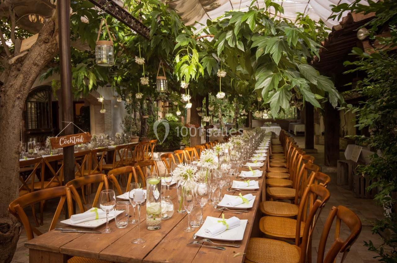 Location salle Gémenos (Bouches-du-Rhône) - Moulin de Gemenos #35 Grande table en bois dressée pour un repas, entourée de chaises, sous une pergola ornée de plantes et de lumières suspendues.