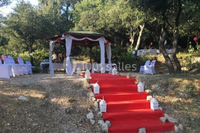 Miniature Location salle La Roquebrussanne (Var) - Les Arbousiers #20 Un couple en tenue de mariage coupe une pièce montée décorée, devant un mur en pierre.