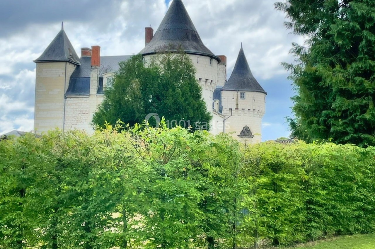 Château historique en pierre blanche avec tours coniques, partiellement caché par une haie et des arbres.