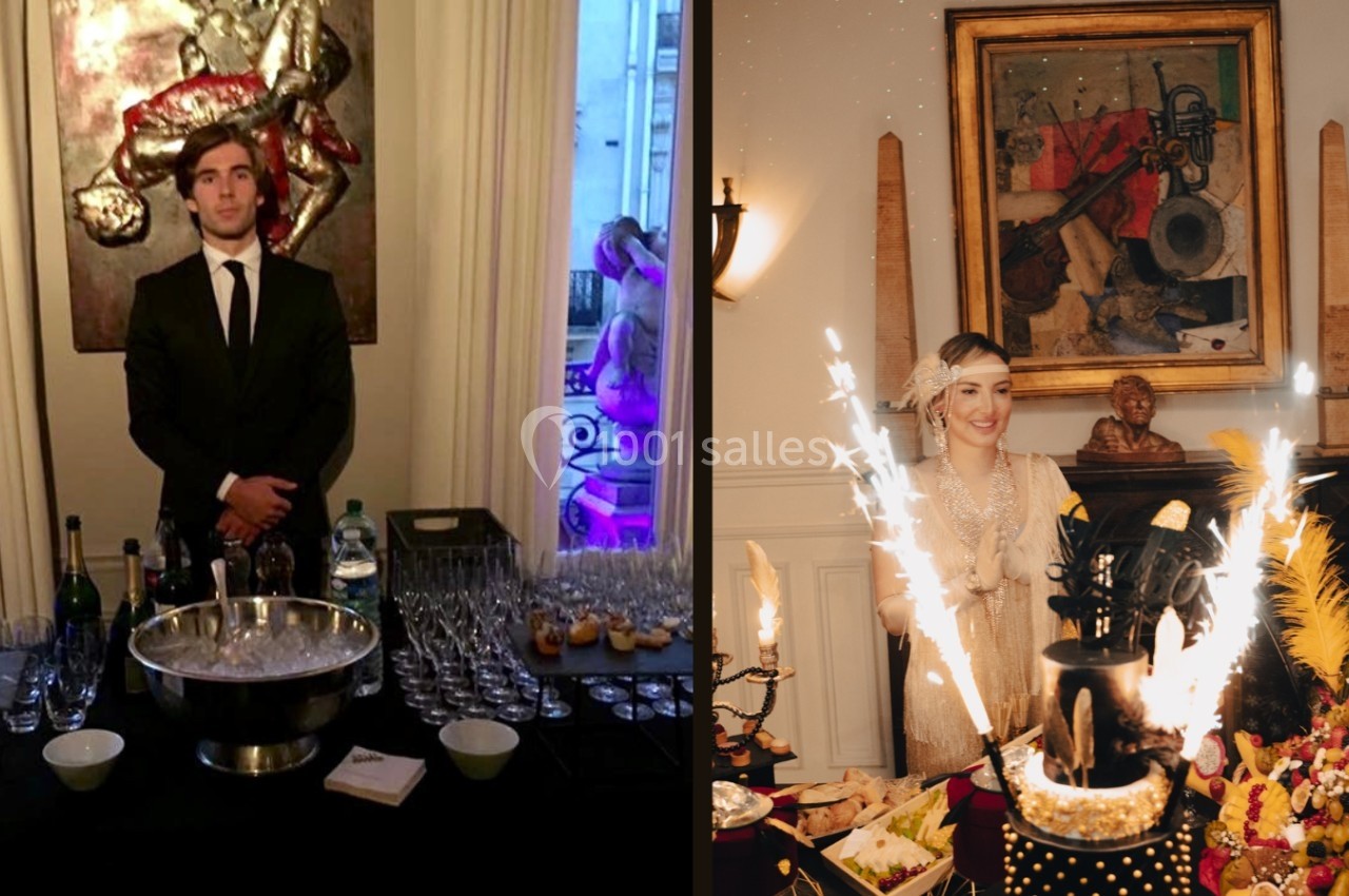 Location salle Paris 8 (Paris) - Le Loft Triangle d'Or Champs-Élysées #52 À gauche, un serveur en costume devant une table de boissons ; à droite, une femme souriante près d'un gâteau avec des…