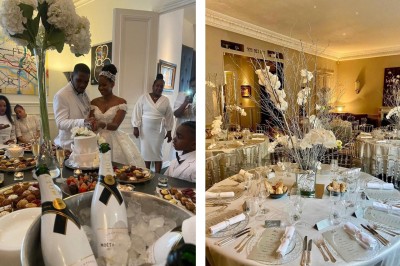 Miniature Location salle Paris 8 (Paris) - Le Loft Triangle d'Or Champs-Élysées #57 Image 1 : Un couple coupe un gâteau de mariage entouré d'invités et d'une table garnie de desserts. Image 2 : Salle de…