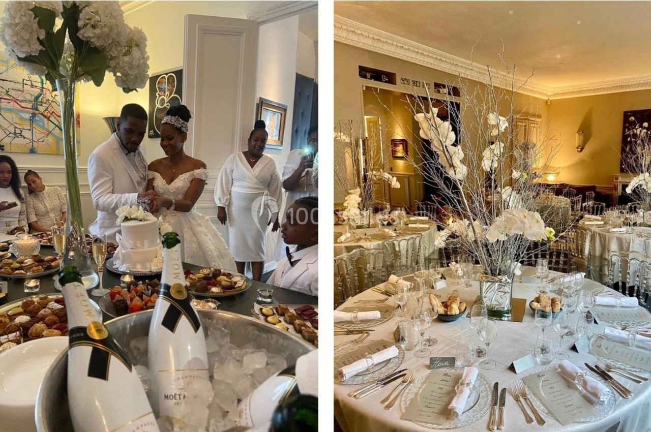 Location salle Paris 8 (Paris) - Le Loft Triangle d'Or Champs-Élysées #57 Image 1 : Un couple coupe un gâteau de mariage entouré d'invités et d'une table garnie de desserts. Image 2 : Salle de…