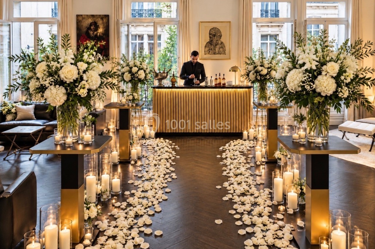 Salle élégante décorée pour un événement, avec des fleurs blanches, des bougies et un bar en arrière-plan.