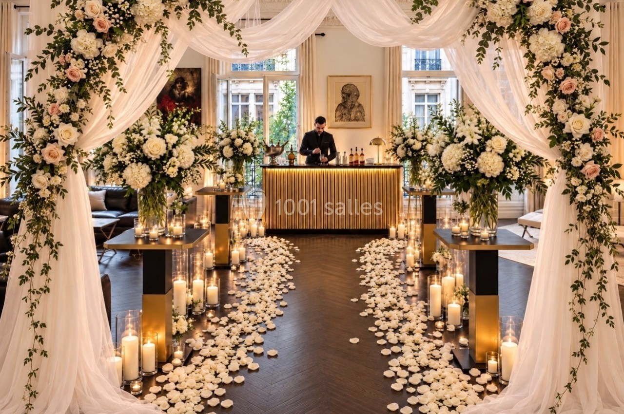 Allée décorée de pétales, bougies et fleurs blanches menant à un bar doré dans une salle élégante.