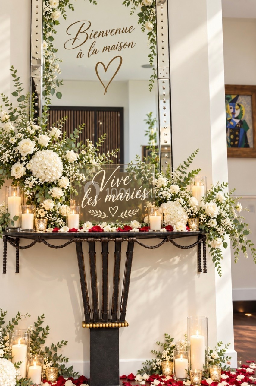 Décoration florale avec bougies et pétales rouges autour d'un miroir portant les messages ’Bienvenue à la maison’ et ’Vive…