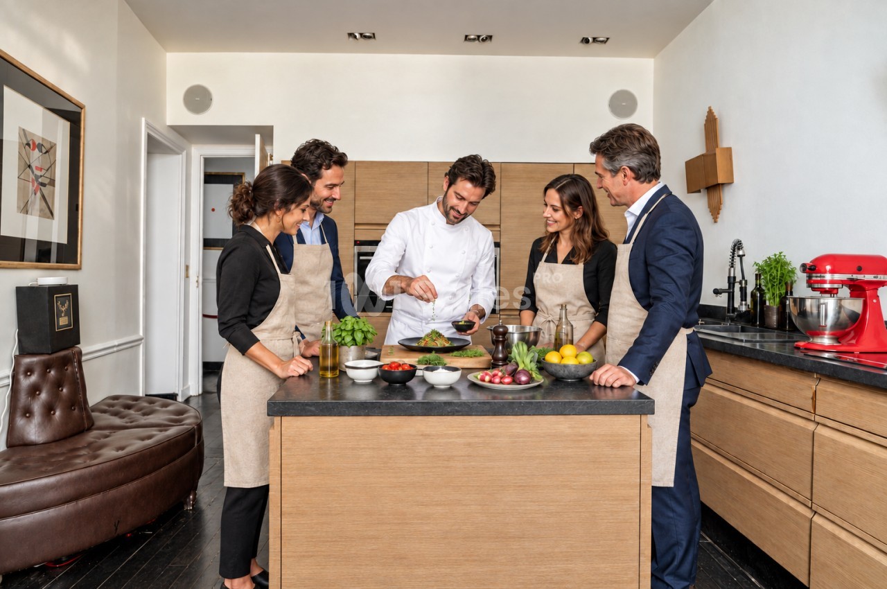 Un chef montre une préparation culinaire à quatre personnes portant des tabliers dans une cuisine moderne.