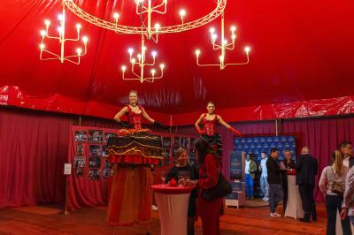 Un acrobate réalise une figure sur un tissu aérien sous un chapiteau éclairé par des lumières colorées.