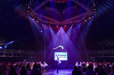Un acrobate réalise une figure sur un tissu aérien sous un chapiteau éclairé par des lumières colorées.