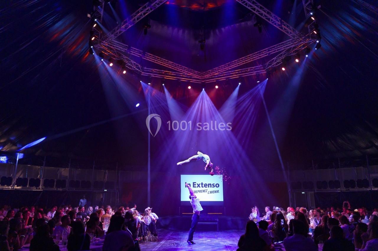 Un acrobate suspendu en l'air effectue une figure au-dessus d'une scène éclairée dans un chapiteau rempli de spectateurs.