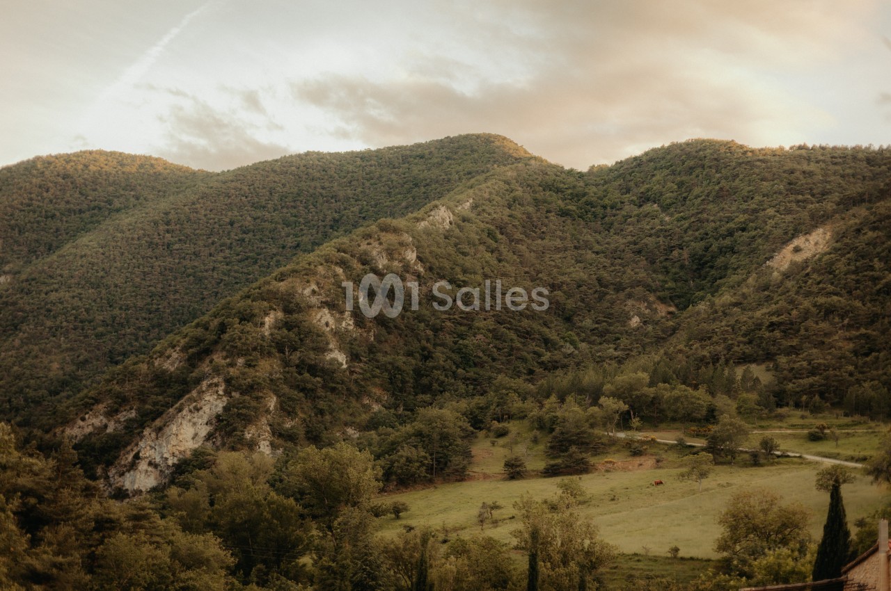 Paysage de collines verdoyantes au coucher du soleil, avec des prairies et des arbres au premier plan.