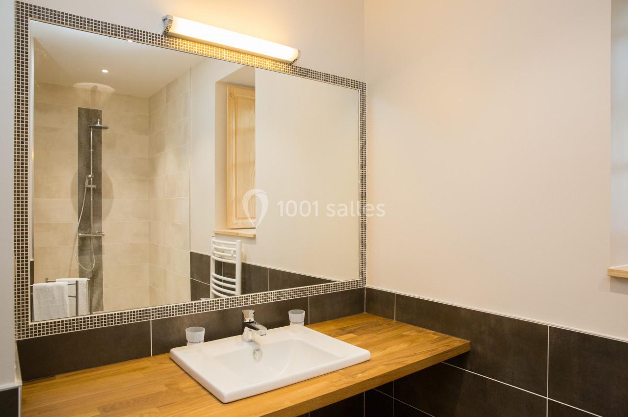 Lavabo avec plan de travail en bois, miroir éclairé et douche visible en arrière-plan dans une salle de bain moderne.