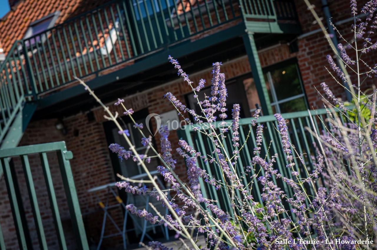 Fleurs violettes en premier plan devant un bâtiment en briques rouges avec balustrades vertes.
