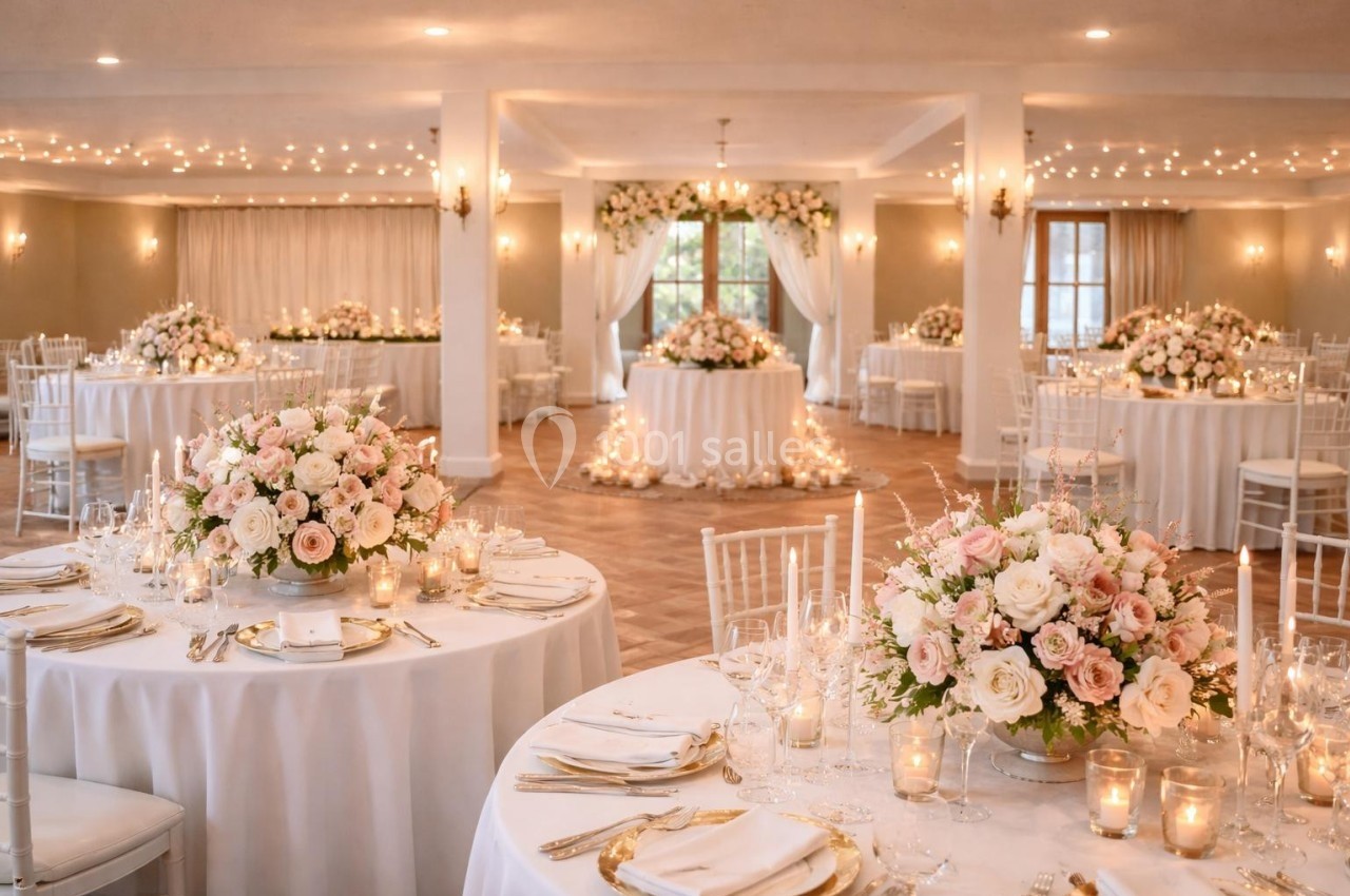 Salle de réception décorée avec des tables rondes, nappes blanches, bouquets de fleurs pastel et guirlandes lumineuses.