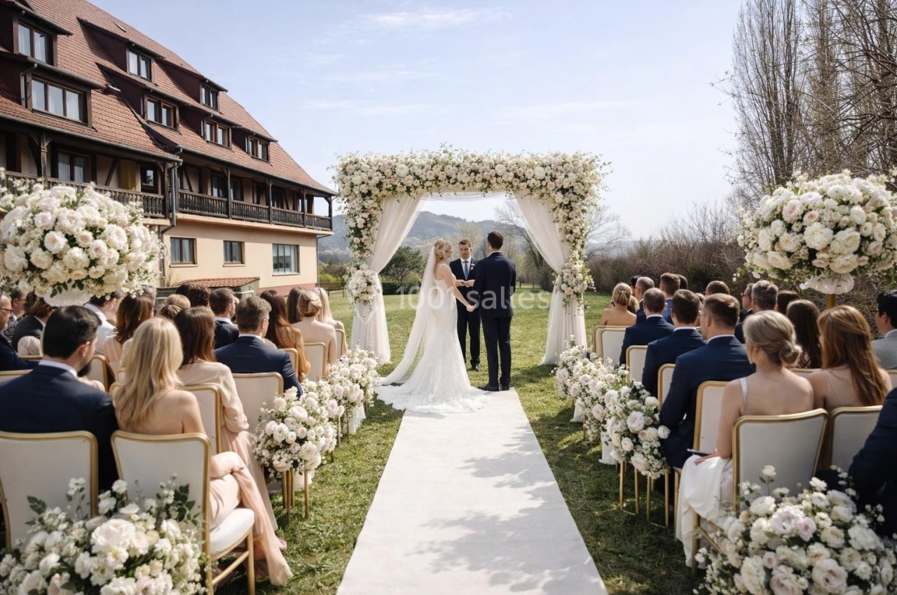 Cérémonie de mariage en plein air avec un couple sous une arche fleurie, entouré d'invités assis.