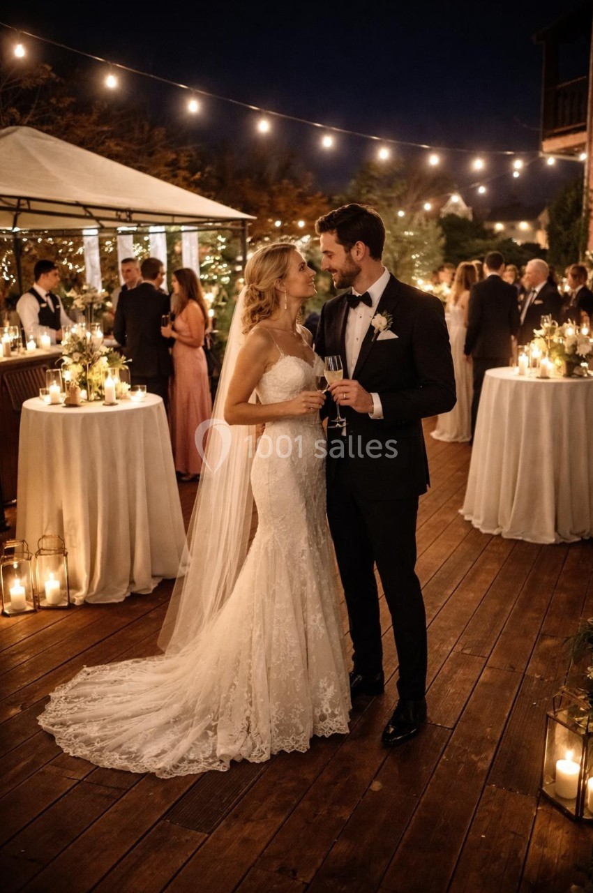 Un couple en tenue de mariage se tient sur une terrasse éclairée, entouré d'invités et de décorations lumineuses.