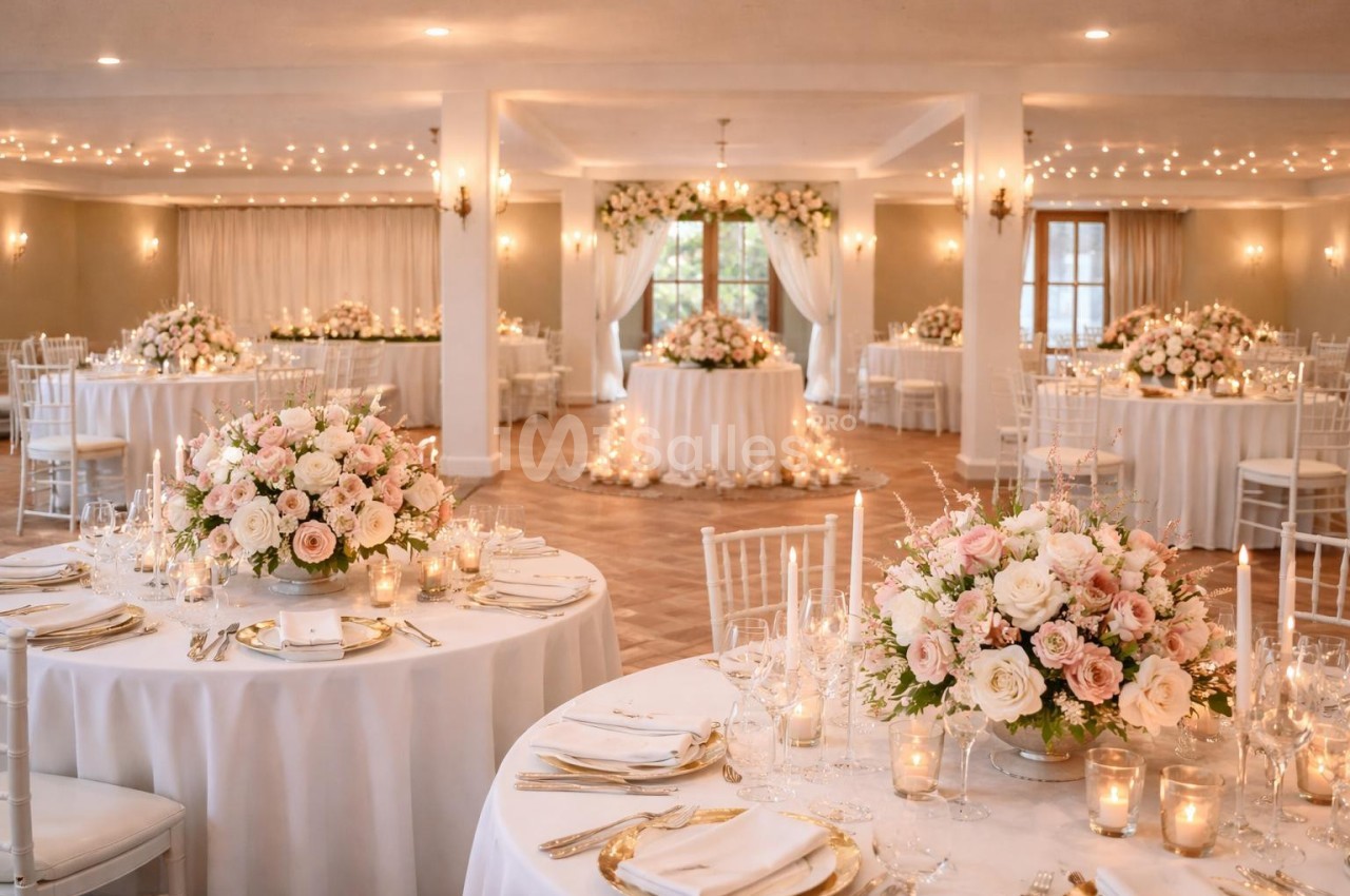 Salle de réception décorée avec des tables rondes, nappes blanches, bouquets de fleurs pastel et guirlandes lumineuses.
