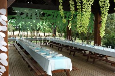 Tente rouge et blanche abritant des tables dressées avec nappes et décorations pour un repas en extérieur.