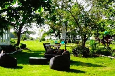 Tente rouge et blanche abritant des tables dressées avec nappes et décorations pour un repas en extérieur.