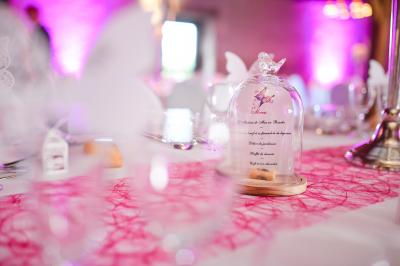 Tente rouge et blanche abritant des tables dressées avec nappes et décorations pour un repas en extérieur.