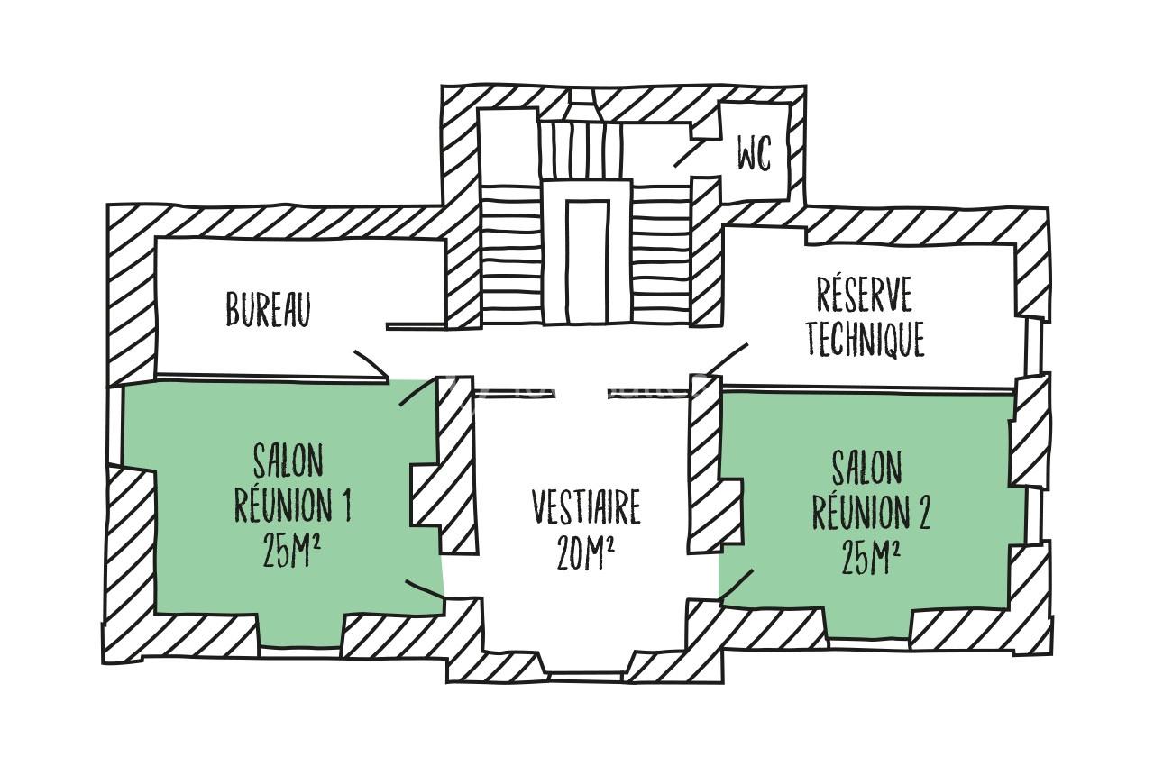 Plan d'un espace professionnel avec deux salons de réunion de 25 m², un vestiaire, un bureau, un WC et une réserve technique.