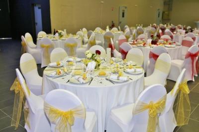 Miniature Location salle Saint-Maximin (Oise) - L'Art d'Oise #21 Salle décorée pour un événement, avec des tables rondes dressées, chaises rouges et un fond floral rose.