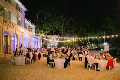 Chaises transparentes disposées en rangées sur une allée blanche, entourées d'arbres dans un cadre extérieur.