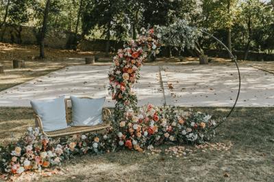 Chaises transparentes disposées en rangées sur une allée blanche, entourées d'arbres dans un cadre extérieur.