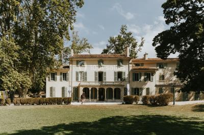 Chaises transparentes disposées en rangées sur une allée blanche, entourées d'arbres dans un cadre extérieur.