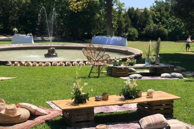Chaises transparentes disposées en rangées sur une allée blanche, entourées d'arbres dans un cadre extérieur.