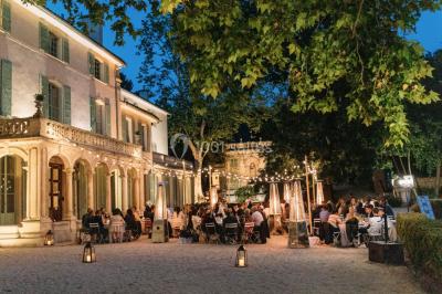 Chaises transparentes disposées en rangées sur une allée blanche, entourées d'arbres dans un cadre extérieur.