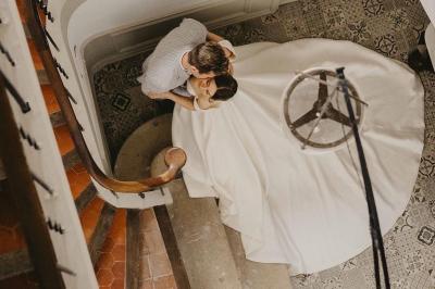 Chaises transparentes disposées en rangées sur une allée blanche, entourées d'arbres dans un cadre extérieur.