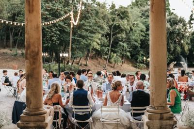 Chaises transparentes disposées en rangées sur une allée blanche, entourées d'arbres dans un cadre extérieur.