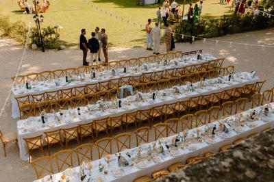 Chaises transparentes disposées en rangées sur une allée blanche, entourées d'arbres dans un cadre extérieur.
