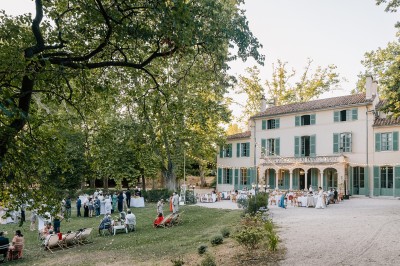 Chaises transparentes disposées en rangées sur une allée blanche, entourées d'arbres dans un cadre extérieur.