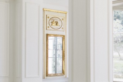 Chaises transparentes disposées en rangées sur une allée blanche, entourées d'arbres dans un cadre extérieur.