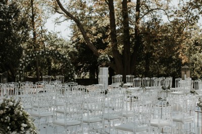 Chaises transparentes disposées en rangées sur une allée blanche, entourées d'arbres dans un cadre extérieur.