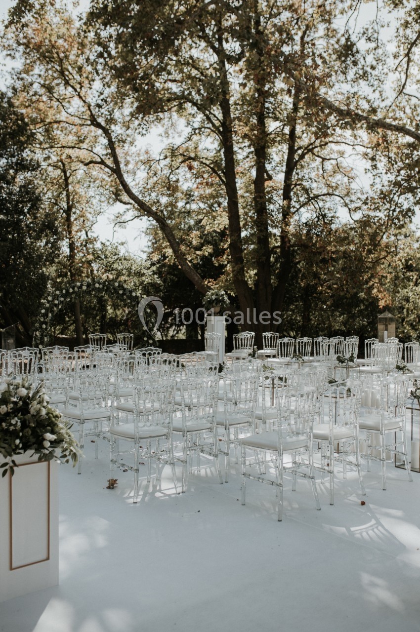 Chaises transparentes disposées en rangées sur une allée blanche, entourées d'arbres dans un cadre extérieur.