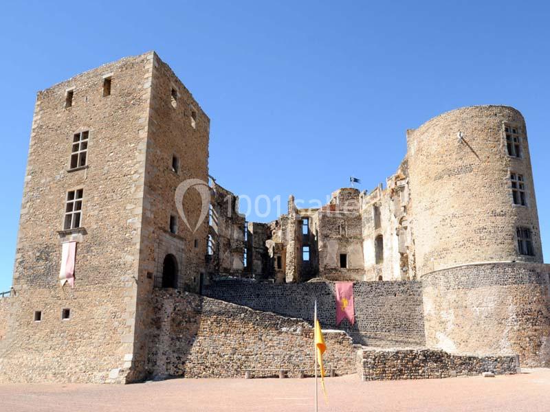 Ruines d'un château médiéval en pierre avec tours rondes et carrées sous un ciel bleu clair.