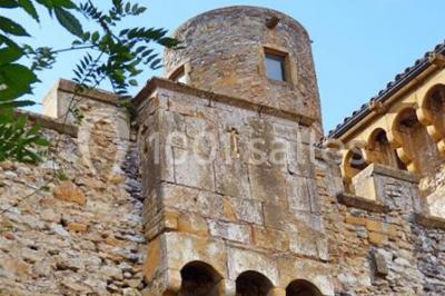 Scooter rose décoré de fleurs roses et blanches, stationné près d'un mur en pierre et d'une porte en bois.