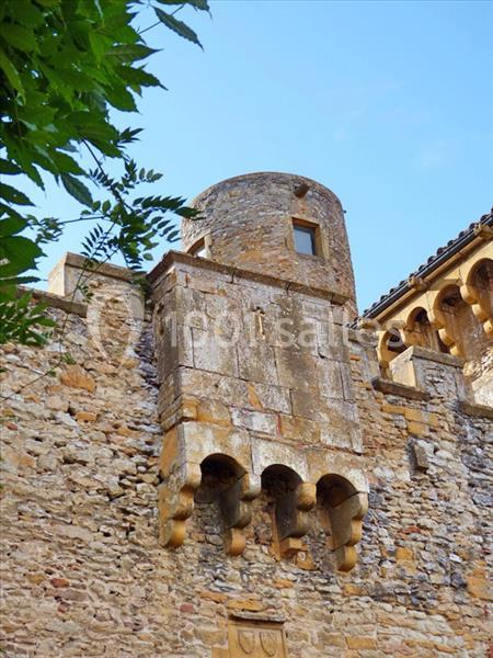 Mur en pierre avec une tour ronde et des détails architecturaux anciens, entouré de feuillage vert.
