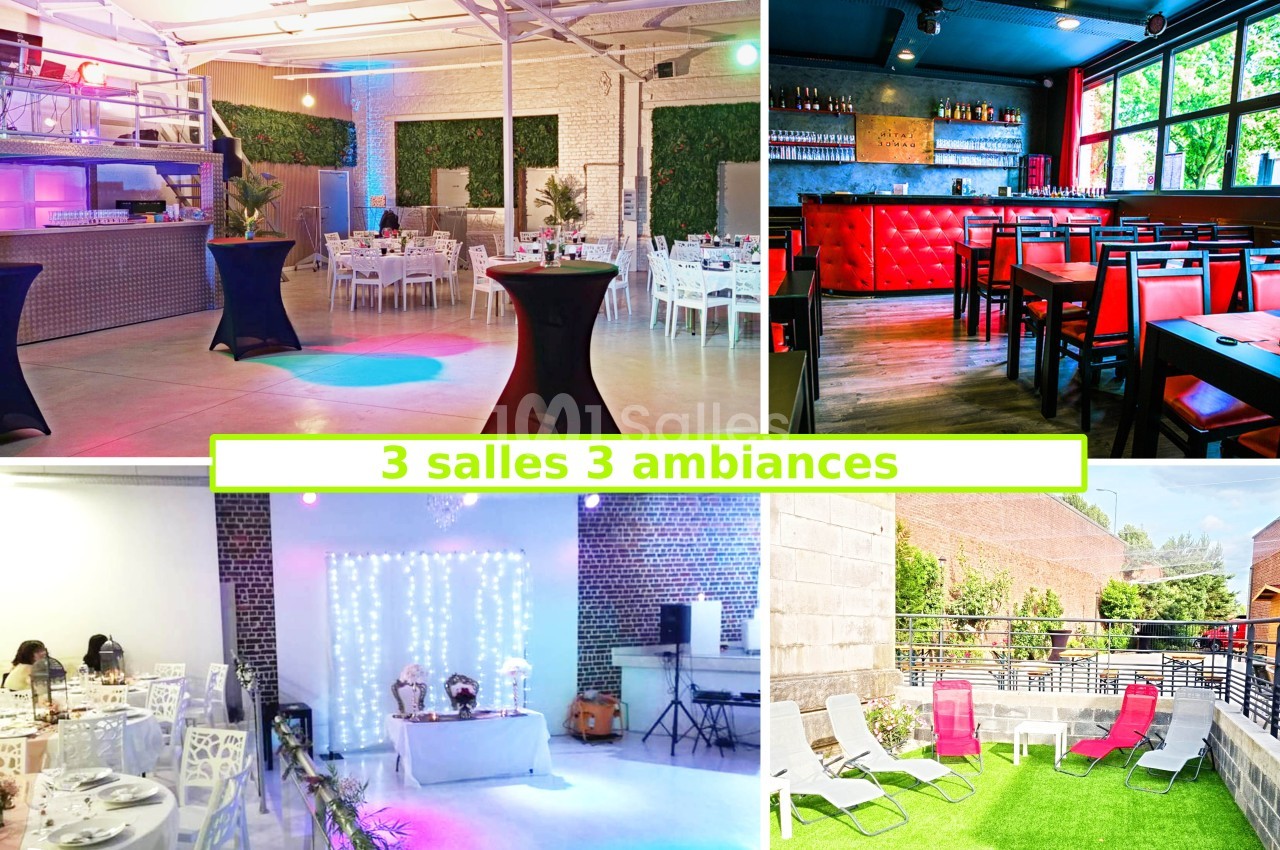 Montage présentant trois salles décorées différemment et une terrasse extérieure avec chaises longues.