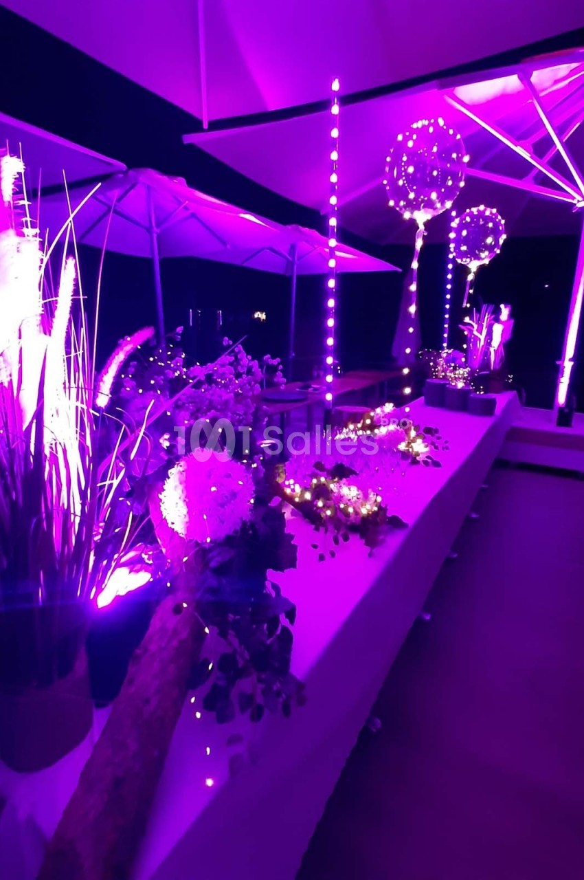 Décoration lumineuse violette avec plantes, guirlandes et parasols éclairés dans un espace intérieur sombre.