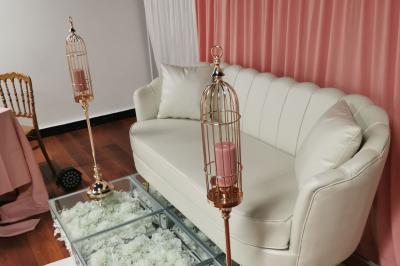 Miniature Location salle Neuilly-sur-Marne (Seine-Saint-Denis) - Loca Fit #6 Canapé blanc devant un rideau rose, entouré de bougeoirs dorés en forme de cages et d'une table en verre.