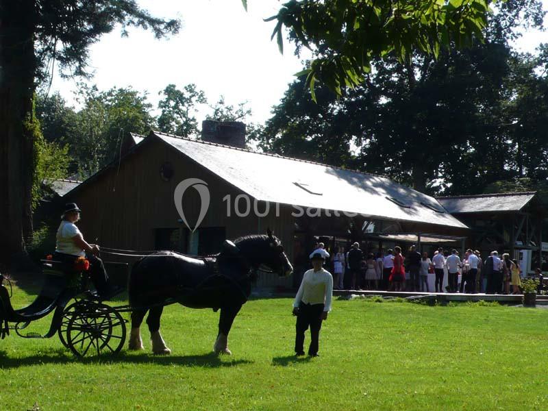 Un cheval attelé à une calèche se tient sur une pelouse devant un bâtiment en bois, avec des personnes rassemblées au loin.