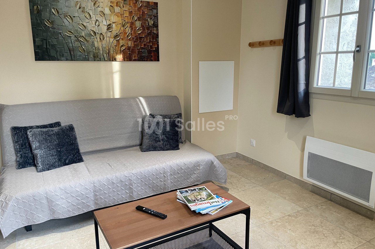 Canapé gris avec coussins, table basse en bois et métal, télécommande et magazines, dans un salon lumineux.