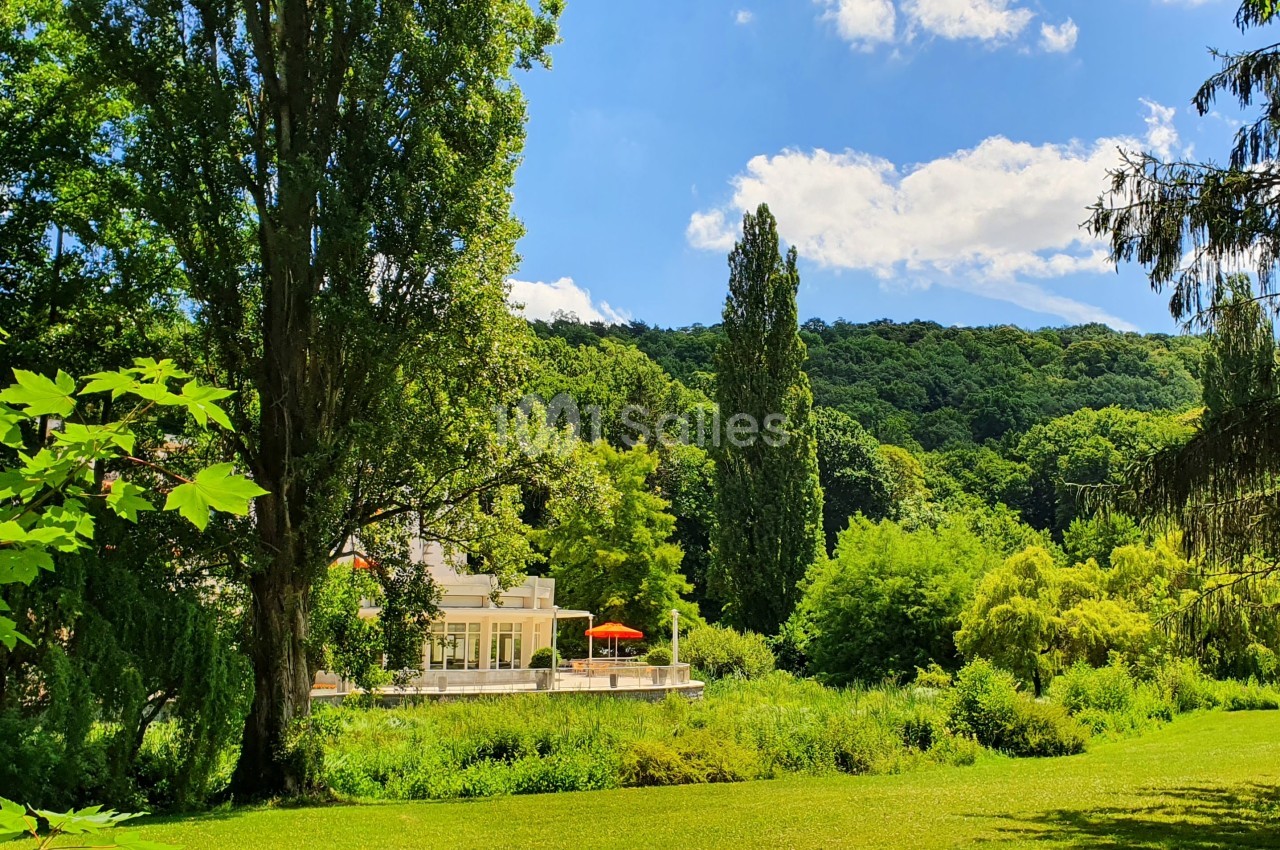 Parc verdoyant avec pelouse, arbres et bâtiment blanc en arrière-plan sous un ciel bleu.