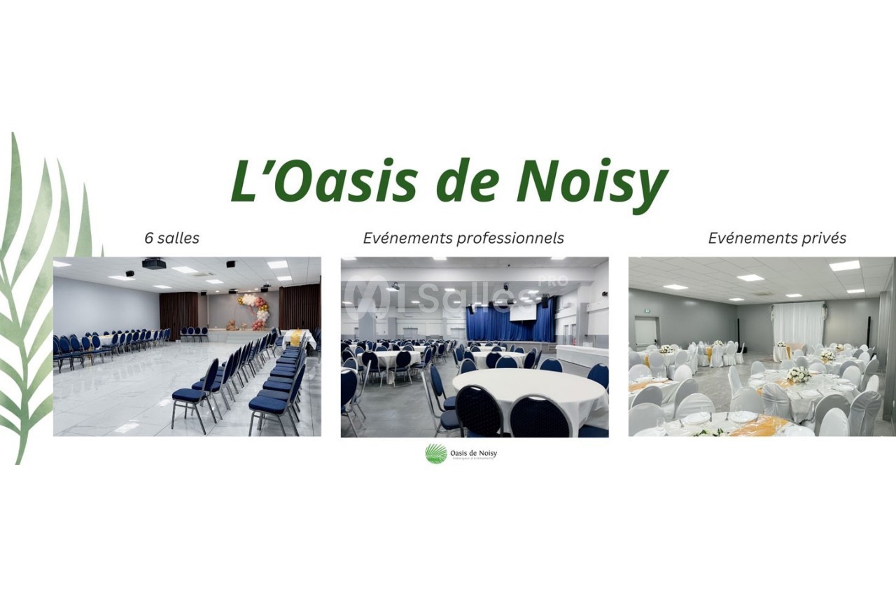 Montage présentant des salles de réception aménagées pour des événements professionnels et privés.