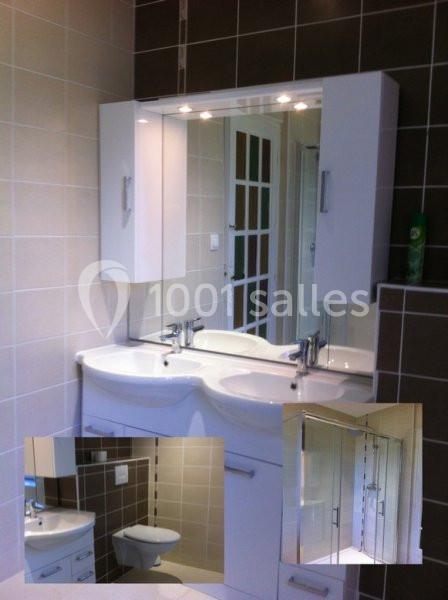 Location salle Saint-Georges-d'Espéranche (Isère) - Les Jardins du Castel #26 Salle de bain avec double vasque blanche, miroir éclairé, carrelage beige et marron, et toilettes visibles en arrière-plan.