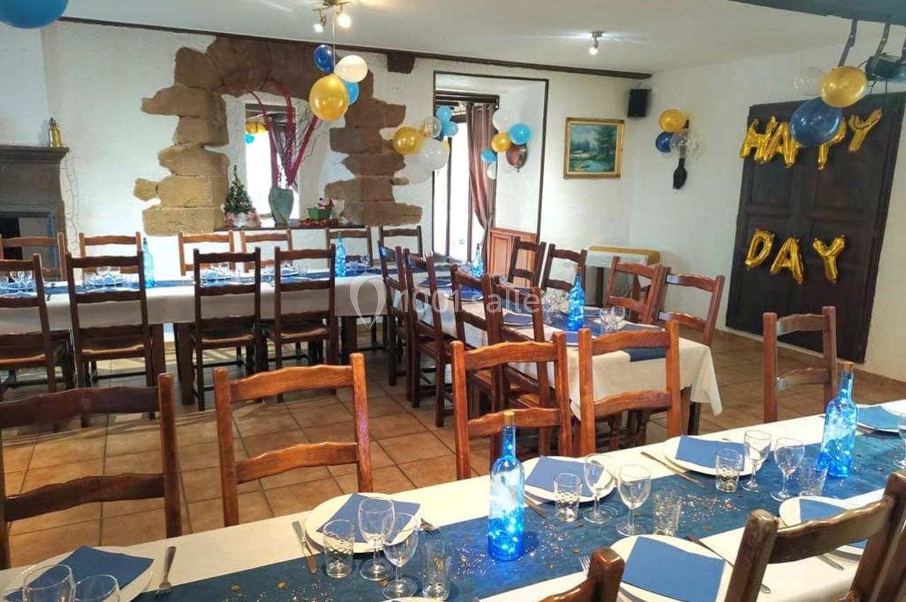 Location salle Saint-Georges-d'Espéranche (Isère) - Les Jardins du Castel #24 Salle décorée pour une fête avec tables dressées, ballons colorés et guirlande ’Happy Day’ accrochée au mur.